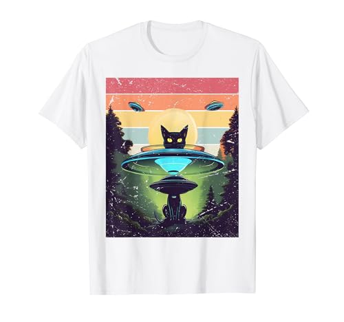 T-shirt divertida Alien Cat UFO, Galaxy Cat Spaceship Cat UFO t-shirt, Branco, S