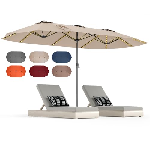 HAPPYGRILL 15.5 FT Double-sided Patio Umbrella with Solar Lights, Outdoor Twin Size Umbrella with Crank Handle & Heavy-Duty Ribs, Oversized Rectangle Umbrella for Garden Deck Poolside (Beige)