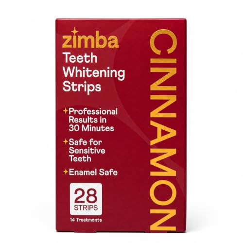 Image of Zimba Cinnamon Flavored Teeth Whitening Strips | Vegan, Enamel Safe Hydrogen Peroxide Teeth Whitener for Coffee, Wine, Tobacco, and Other Stains | 14 Day Treatment | Cinnamon