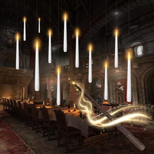 Image of kakoya Flameless Floating Candles with Wand，12 Pcs Magic LED Hanging Taper Candles，Flickering Battery Operated Taper Candle with Wand Remote for Halloween Decorations Best Gift（White）