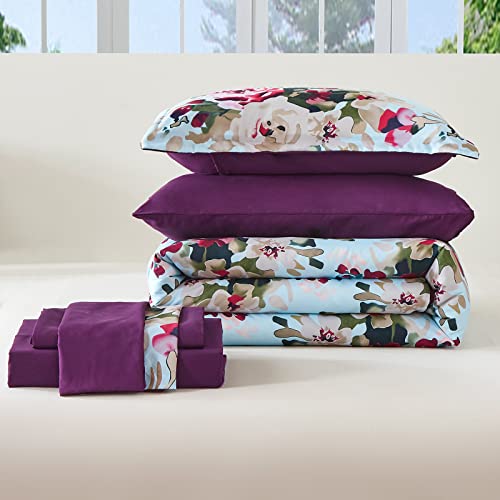 Inron 7 Piece Bed In A Bag,Floral Comforter Set King Size, Watercolor Blooms Print Design,All Season Bedding Set With Comforter,Pillow Shams,Flat Sheet,Fitted Sheet, Pillowcases(Blue Flower,King) #TOP6