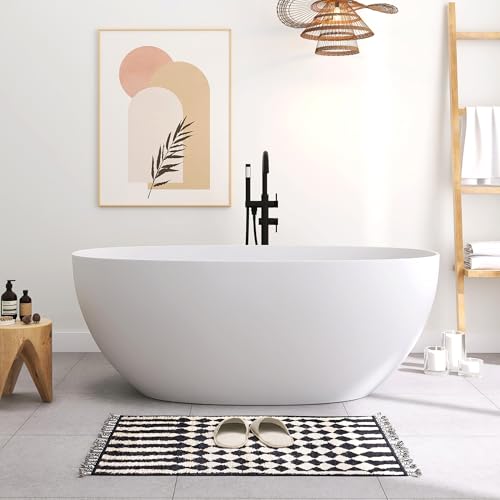 SJ STAR&JANE 59" Freestanding Solid Surface Bathtub, Oval Stone Resin Soaking Tub Stand Alone Tub with Pop-up Drain & Overflow Matte White