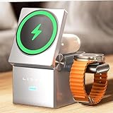 قاعدة شحن 3 في 1 لاجهزة ابل المتعددة من ليسين شاحن محمولة لاسلكية ماج سيف قابلة للتعديل للايفون سفر لايفون 15 برو ماكس وايربودز وابل ووتش، أسود