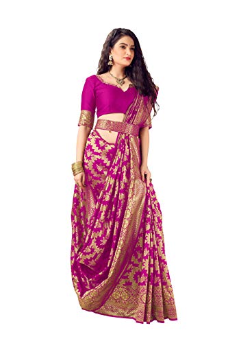 Indian Traditional Banarasi Silk Saree with Waist Belt & Unstitched Blouse Piece for Women (Pink)