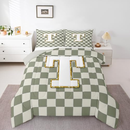 Image of Erosebridal Sage Green Checkered Bedding Set Full Plaid Initial T Comforter Set for Kids Adults Personalized Monogram Down Comforter,Fashion Grids Gingham Quilt Duvet