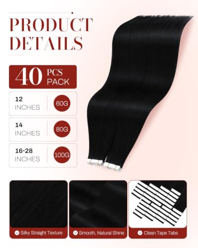 Image of Moresoo Jet Black Tape In Human Hair Extensions, 12 Inch, 40Pcs, 60g | Tape in extensions human hair, fuller density, remy straight texture, flat tabs for short styles and everyday volume