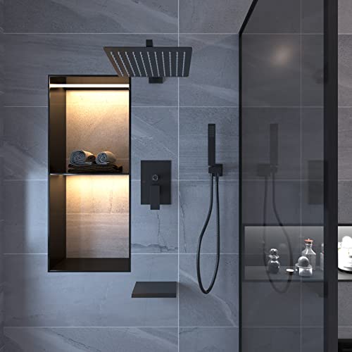 BWE 12 Inch Black Shower System Faucet Waterfall Tub Complete with Matte Spout Set Square Luxury Rain Mixer Pressure Balancing 3-Function Wall Mount Rainfall Rough-in Valve Body and Trim Included by BWE - Image 8