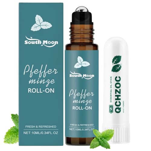 Pfefferminzöl Roll-On 10ml BIO Roll-On Pfefferminze + 1 Stück Nasal Stick Inhalierstift 100% Naturrein mit 6 ätherischen Ölen für Einen Klaren Kopf Lindert Schnell Verstopfte Nase Ideal für Unterwegs