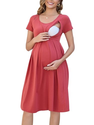 Image of Ecavus Women's Nursing Dress Short Sleeve Hidden Zipper Maternity Breastfeeding Dress with Pockets