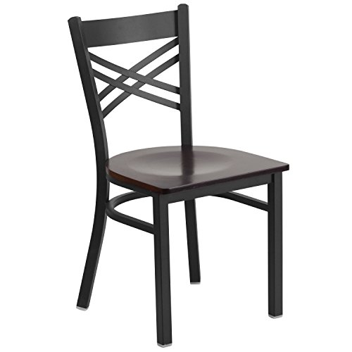 Image of Flash Furniture HERCULES Series Black ''X'' Back Metal Restaurant Chair - Walnut Wood Seat