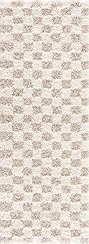 BoutiqueRugs Atira Cream Beige Checkered Shag Plush High Pile Modern Scandinavian Contemporary Area Rug - 5'3' x 7'3' (5'x7')
