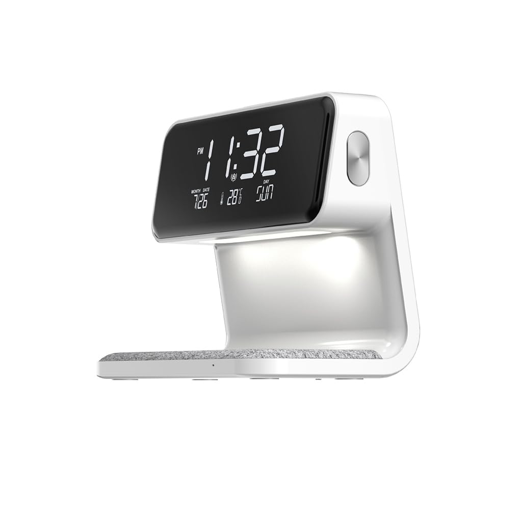 Lampada sveglia intelligente bianca Caricatore wireless Orologio Comodino intelligente Allarme allegro Comodino digitale senza fili Nitido