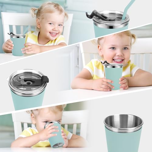 Vermida Kids Cups with Straws and Lids Leak Proof, 12oz Sippy Cups for Toddlers 1-3, 2 Pack Spill Proof Cups Stainless Steel Kids Cups with Lids for School, Outdoor (Blue & Green)