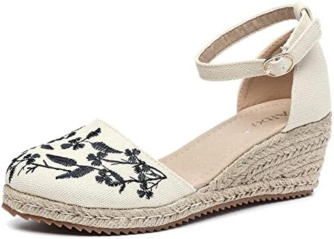 Altxic Women's Closed Toe Embroidered Vamp Canvas Ankle Strap Espadrilles Wedge Sandals Embroidered Beige 7 US