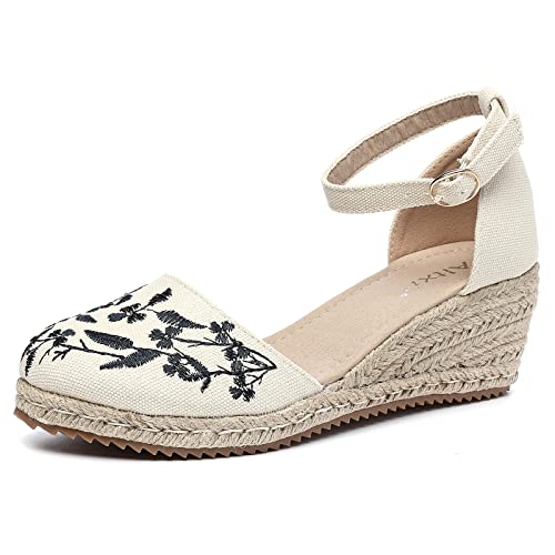 Altxic Women's Closed Toe Embroidered Vamp Canvas Ankle Strap Espadrilles Wedge Sandals Embroidered Beige 7 Us #TOP19