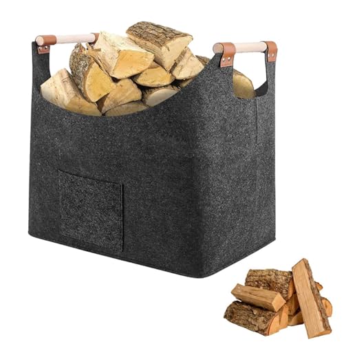 Cesta De Mimbre Mediana – Fieltro 40x22x27cm Bolsa De Transporte De Madera Sólida | Transportador Reutilizable Para Leña De Chimenea, Cesto Portátil Multiusos Para Interior, Invierno, Almacenamiento D