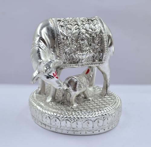 Image of CraftVatika 999 Pure Silver-Plated Kamdhenu Cow with Calf Idol Statue 2.5 Inch Vastu Home Decor for Pooja Room & Mandir, Home Decoration Items, House warming Gifts, Anniversary Wedding Gifts for Women