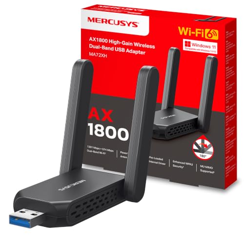 Mercusys MA72XH WiFi Adapter for PC, Wi-Fi 6 AX1800 Dual Band, 2 High Performance Antennas, USB 3.0, WPA3, MU-MIMO, Compatible with Windows 11/10
