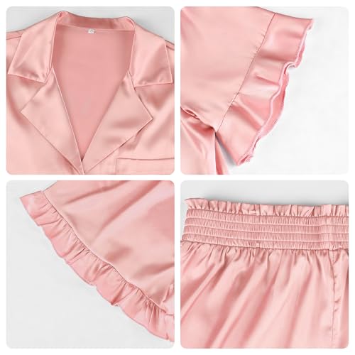 Image of KFUBUO Silky Satin Pajamas for Women Set Short Sleeve Button Down 2 Piece Pjs Shorts Sets Soft Sleepwear Loungewear