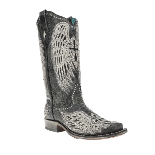 CORRAL LADIE'S BLACK CROSS & WINGS OVERLAY & EMBROIDERY & STUDS SQ. TOE, LEATHER SOLE, WESTERN A42432