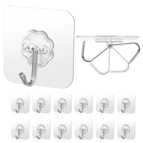 Self Adhesive Wall Hooks,12 Pack Clear Heavy Duty Strong Sticky Hooks for Hanging 22lb(Max) for Living Room, Bathroom, Kitchen and Outdoor