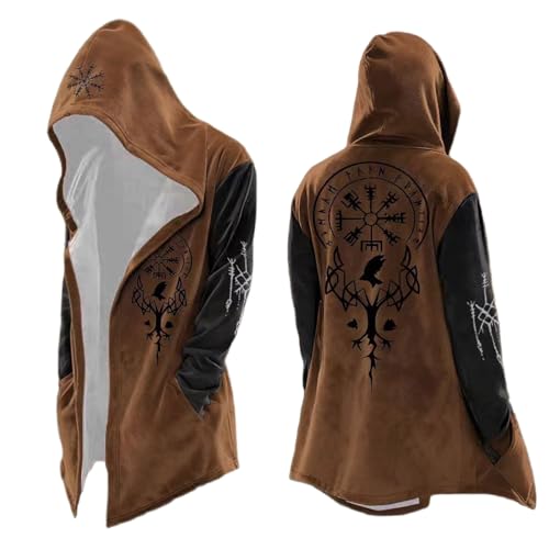 Generico Cárdigan de Hombre con Capucha Viking Sudadera con Capucha Retro Medieval Sudadera con Capucha Gótica Trench Largo Steampunk para Fiesta Temática Halloween Chaqueta Rock y Hip-Hop, marrón, S
