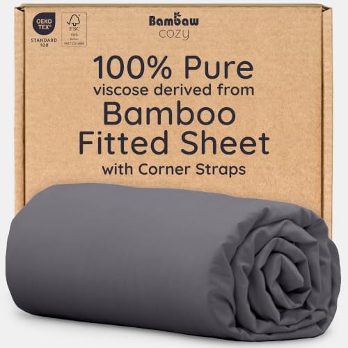 Bambaw 100% Viscose Derived from Bamboo Fitted Sheet Twin Size, Cooling Fitted Sheet with Corner Straps, Twin Mattress Fitted Sheet Only, 15’’ Deep Pocket Single Fitted Sheet Twin Size (Charcoal)
