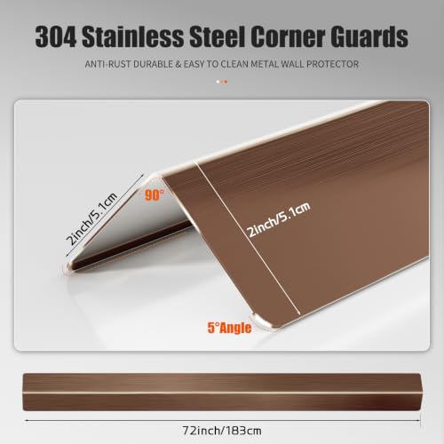 Image of 10pcs Wall Corner Guards 2x2x72 Inches 304 Stainless Steel Heavy Duty Rounded Corner Protector, Smooth Folded Edge Design for Wall Protection Copper Red