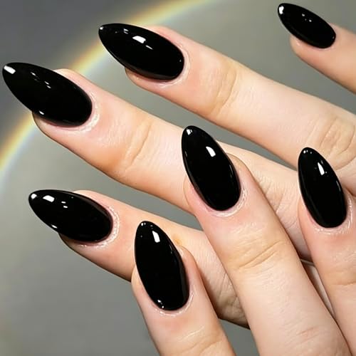 GLAMERMAID Pure Black Press on Nails Medium Almond Gothic Dark Jelly Soft Gel Glue on Emo Nail 32 Pcs Solid Black Short Stiletto Reusable Fake Nails Acrylic Oval False Nails Manicure Kit for Women