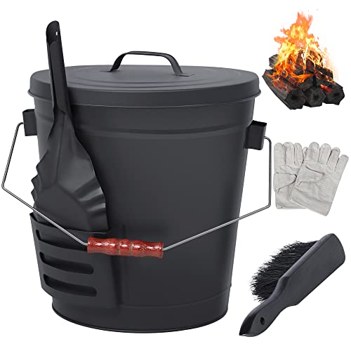 NATURAL EXPRESSIONS Fireplace Ash Bucket with Lid, 5.3 Gallon Coal Bucket with Shovel,Hand Broom and Gloves, Metal Buckets Pail Ash Can for Pellet Charcoal Wood Fire Pits
