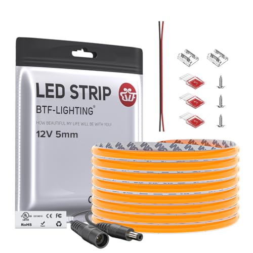 Image of BTF-LIGHTING FCOB COB LED Strip Orange Color 5mm Width UL Listed Super Narrow Flexible Uniform Light DC12V 16.4FT CRI 90+ Dimmable LED Ribbon for Bedroom Home Indoor Decor(No Adapter or Controller)