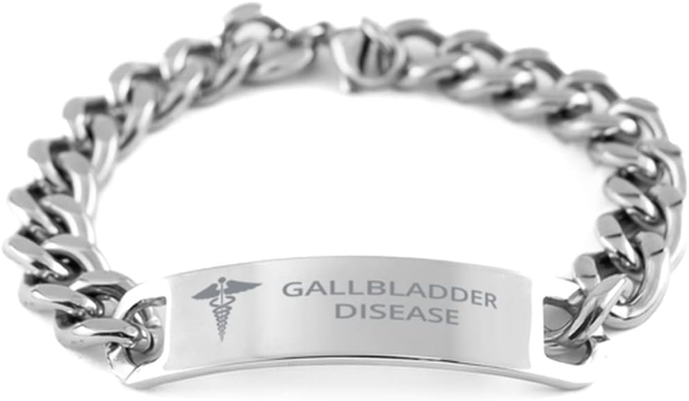 Medical Cuban Chain Stainless Steel Bracelet, Gallbladder Disease Awareness, Medical Symbol, SOS Emergency Health Life Alert ID Engraved Stainless Steel Silver Jewelry Adjustable Bracelet For Men