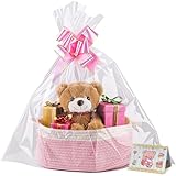 Cesta de Regalo Vacía 30x20x12cm-Cesta Trenzada con Bolsa de Regalo y Cinta,Cesta de Presentación Vacía para Pascua,Baby Shower,Cumpleaños,Boda,Navidad (Blanco-rosa)
