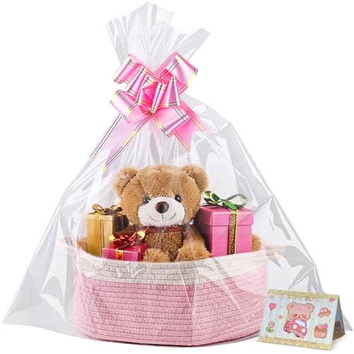 Small Woven Basket 12 x 8 x 5 Gift Basket Empty with Ribbon and Gift Bag Hamper Basket Kits for Baby Shower Holiday Presents Storage Basket with Handle for Nursery Pet Toy Basket (White-Pink)