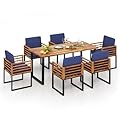 Tangkula 7 Piece Patio Dining Set, Acacia Wood Dining Chair & Table Set, 69” Spacious Tabletop with Umbrella Hole, Heavy-Duty Metal Support, Dining Set for Backyard, Poolside