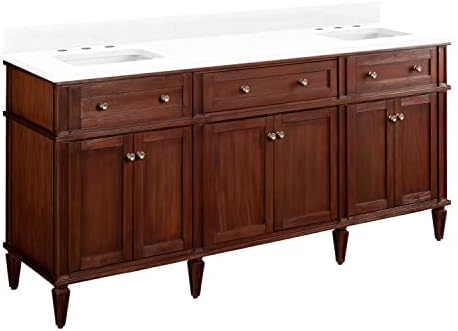 Signature Hardware 465070 Elmdale 72" Free Standing Double Vanity Cabinet Set with Mahogany Cabinet, Vanity Top and Rectangular Undermount Sinks - 8" Faucet Holes - Antique Brown/Feathered White
