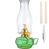Rustic Oil Lamp for Indoor Use,Large Kerosene Lamp with Handle,2 Pcs Wicks and 1 Tweezers,Vintage Glass Hurricane Lamp for Home Emergency Lighting (Green)