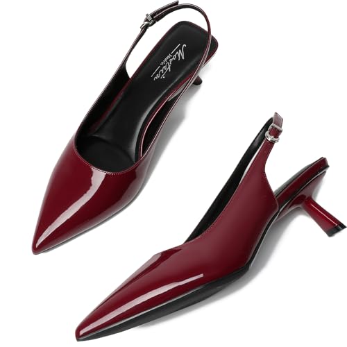 Image of Mostrin Kitten Heels for Women Pointed Toe Pumps Patent Leather Low Heel Slingback Heels with Buckle Dress Shoes for Dating Party Working