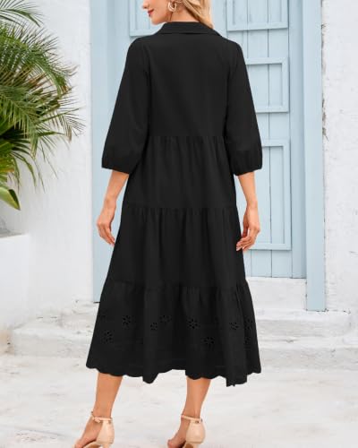 Image of Women Button Down Maxi Shirt Dress Long Sleeve Flowy Tiered Collared Dresses with Pockets