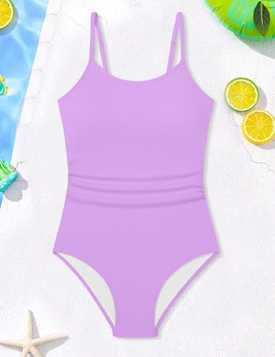 Image of AGAPENG Girls Swimsuit One Piece Ruched Solid Color Bathing Suit for Girls Ribbed Adjustable Straps Pad Swimwear 9-16Y