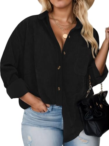 Plus Size Tops for Women Fall Fashion Outfits Chic Lapel Pocket Corduroy Shirts 2X Black