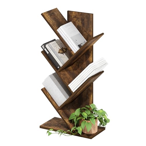 Image of Furinno Tree Book Shelf, 5-Tier Bookshelf with Angled Open Shelf, Tree Bookcase for Room Decor, 8.4 x 15.7 x 30.3, for Organization and Storage, for Living Room, Bedroom, Home Office, Amber Pine