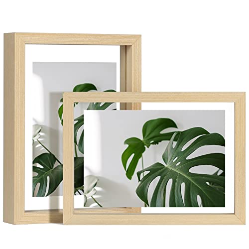 Egofine 5x7 Floating Frames Set of 2 Double Plexiglass Picture Frame Made of Solid Wood Display Any Size Photo up to 5x7 Wall Mount or Tabletop Standing Natural Wood