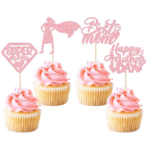 Gyufise Paquete de 24 adornos para cupcakes rosa feliz día de la madre para súper mamá, decoración de tartas para el día de la madre, suministros de fiesta