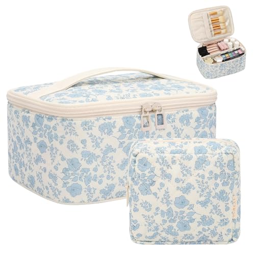 OCHEAL Makeup Bag Set, Portable Travel Makeup Bags Cosmetic Organizer Bag for Women Cute Floral Cosmetic Pouch Large Capacity Make up Bag Toiletry Bags with Divider and Handle-Floral