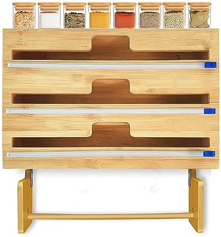 Dispenser per pellicola trasparente e taglierina 4 in 1, per cassetto da parete della cucina, porta rotolo di bambù, compatibile con rotoli da 30,5 cm, con taglierina, foglio di alluminio e dispenser
