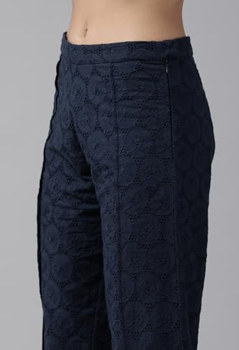 Image of ALL YOURS Women's Navy Blue Schiffli Cotton Co-Ords Set| Ethnic Co Ord Set| Kurta Set for Women| Casual Kurti Set| CoOrd Kurta Set for Women| Women Two-Piece Outfits| Outdoor Wear