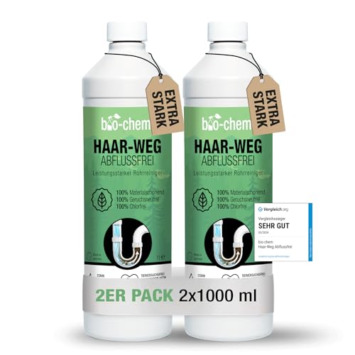 bio-chem Haar-Weg Abflussfrei – Abflussreiniger EXTRA STARK – 2x1000 ML - Bis zu 10 Anwendungen je Flasche Rohrreiniger – Extrem...