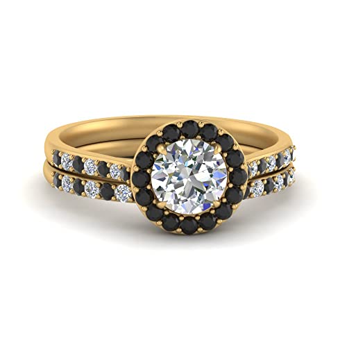 Image of Choose Your Gemstone Round Halo Ring with Matching Pave Band Yellow Gold Plated Round Shape Wedding Ring Sets Everyday Jewelry Wedding Jewelry Handmade Gifts for Wife US Size 4 to 12