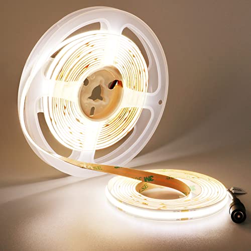 YUNBO 24V COB LED Strip Light Natural White 4000K CRI 90+ 16.4ft/5M High Density 480LED/M Dotless 4000Lm NO Waterproof IP20 Flexible Cuttable LED Tape Light for Cabinet Home DIY Lighting Projects